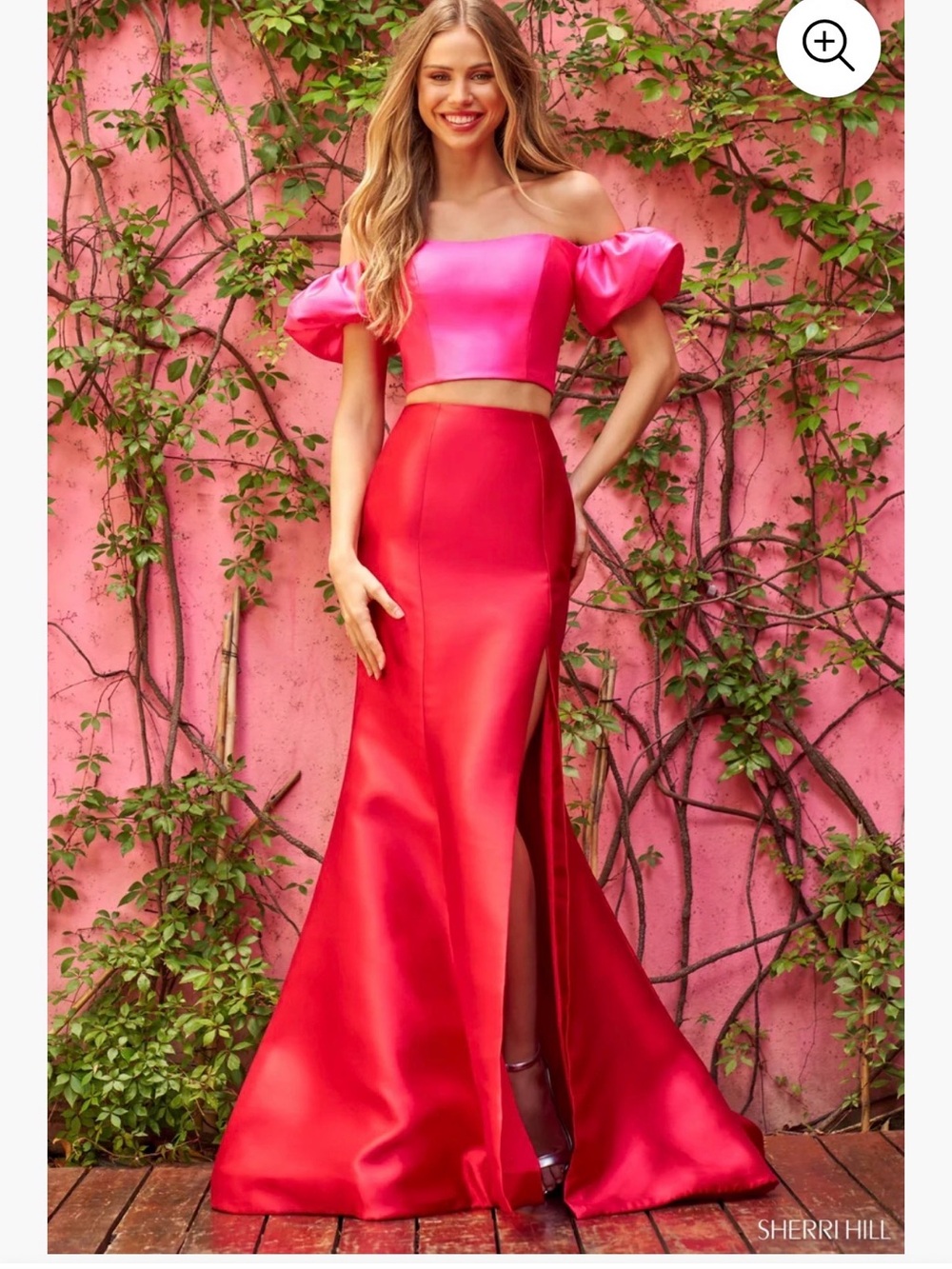 Sherri Hill Red Satin Mermaid Skirt with Hot Pink Waistband Top